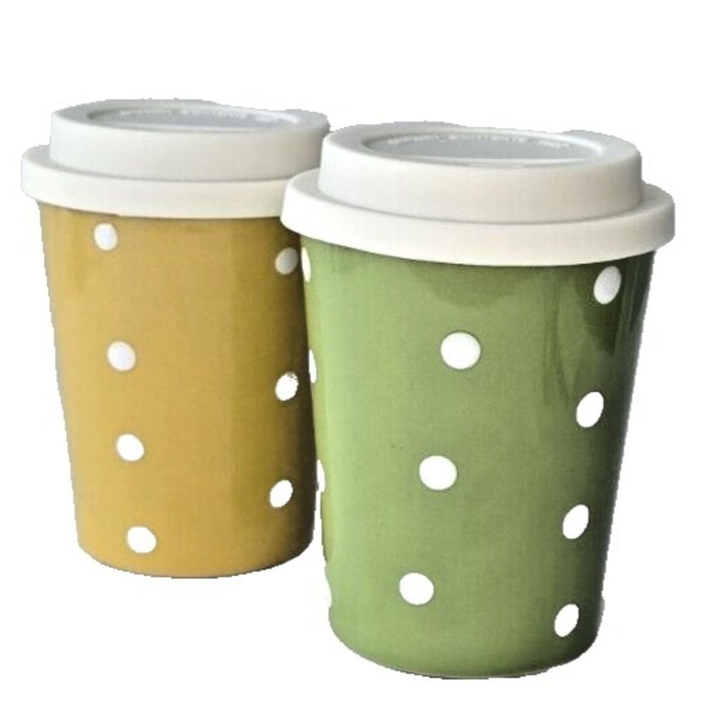 ABBOTT Ceramic Travel Mugs Pair Silicon Lids‎ Green Mustard Polka Dot Coffee Tea